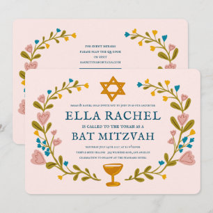 Convites Floral Wreath Bat Mitzvah Código QR personalizado 