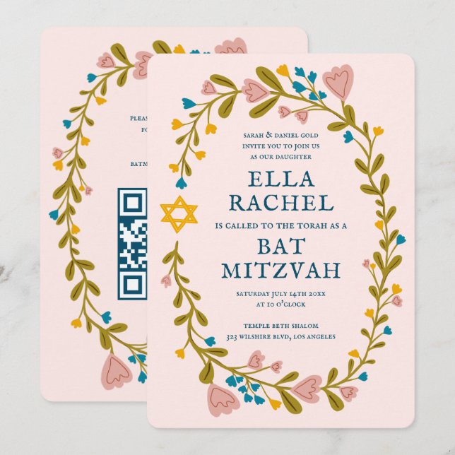 Convites Floral Wreath Bat Mitzvah Código QR personalizado  (Frente/Verso)