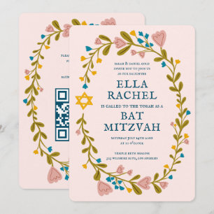 Convites Floral Wreath Bat Mitzvah Código QR personalizado 