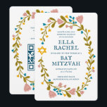 Convites Floral Wreath Bat Mitzvah Código QR personalizado<br><div class="desc">Cartão perfeito para anunciar um bar mitzvah, bat mitzvah ou outra celebração judaica! Mão fez arte para você! TOTALMENTE PERSONALIZÁVEL! Clique em "Personalizar" acima para editar o texto e adicionar seu link ao código QR no verso. Clique em "editar usando a ferramenta design" para ajustar as fontes, cores e posicionamentos....</div>