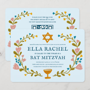 Convites Floral Wreath Bat Mitzvah Código QR personalizado 