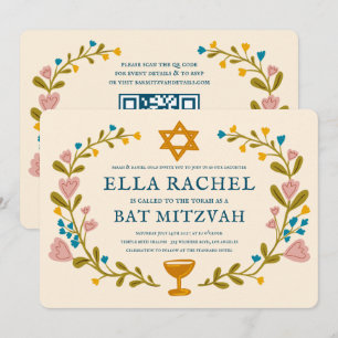 Convites Floral Wreath Bat Mitzvah Código QR personalizado