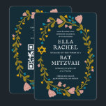 Convites Floral Wreath Bat Mitzvah Código QR personalizado<br><div class="desc">Cartão perfeito para anunciar um bar mitzvah, bat mitzvah ou outra celebração judaica! Mão fez arte para você! TOTALMENTE PERSONALIZÁVEL! Clique em "Personalizar" acima para editar o texto e adicionar seu link ao código QR no verso. Clique em "editar usando a ferramenta design" para ajustar as fontes, cores e posicionamentos....</div>