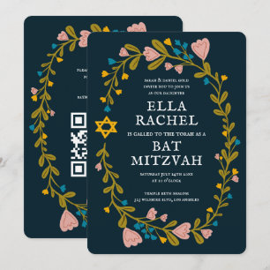 Convites Floral Wreath Bat Mitzvah Código QR personalizado 