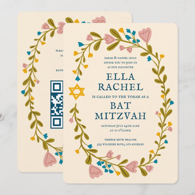Convites Floral Wreath Bat Mitzvah Código QR personalizado  (Frente/Verso)
