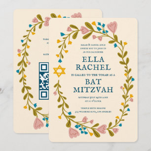 Convites Floral Wreath Bat Mitzvah Código QR personalizado 