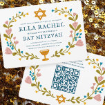 Convites Floral Wreath Bat Mitzvah Código QR personalizado<br><div class="desc">Cartão perfeito para anunciar um bar mitzvah, bat mitzvah ou outra celebração judaica! Mão fez arte para você! TOTALMENTE PERSONALIZÁVEL! Clique em "Personalizar" acima para editar o texto e adicionar seus links ao código QR no verso. Clique em "editar usando a ferramenta design" para ajustar as fontes, cores e posicionamentos....</div>