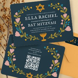 Convites Floral Wreath Bat Mitzvah Código QR personalizado