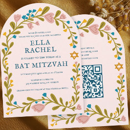 Convites Floral Wreath Bat Mitzvah Código QR personalizado