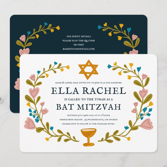 Convites Floral Wreath Bat Mitzvah Código QR personalizado  (Frente/Verso)