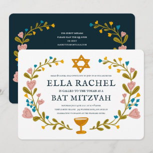 Convites Floral Wreath Bat Mitzvah Código QR personalizado 