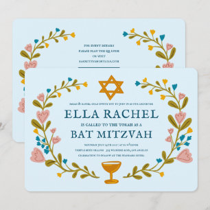 Convites Floral Wreath Bat Mitzvah Código QR personalizado 