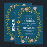 Convites Floral Wreath Bat Mitzvah Código QR personalizado<br><div class="desc">Cartão perfeito para anunciar um bar mitzvah, bat mitzvah ou outra celebração judaica! Mão fez arte para você! TOTALMENTE PERSONALIZÁVEL! Clique em "Personalizar" acima para editar o texto e adicionar seu link ao código QR no verso. Clique em "editar usando a ferramenta design" para ajustar as fontes, cores e posicionamentos....</div>