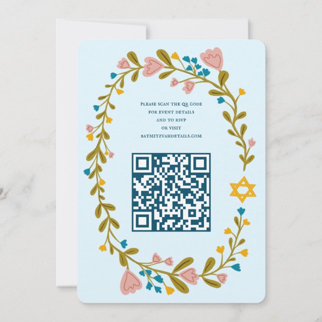 Convites Floral Wreath Bat Mitzvah Código QR personalizado  (Verso)