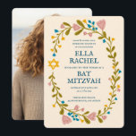 Convites Floral Wreath Bat Mitzvah Foto Personalizada Feita<br><div class="desc">Cartão perfeito para anunciar um bar mitzvah, bat mitzvah ou outra celebração judaica! Mão fez arte para você! TOTALMENTE PERSONALIZÁVEL! Clique em "Personalizar" acima para editar o texto e adicionar sua própria foto ao verso. Clique em "editar usando a ferramenta design" para ajustar as fontes, cores e posicionamentos. Você também...</div>