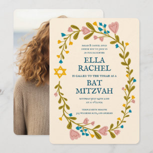 Convites Floral Wreath Bat Mitzvah Foto Personalizada Feita