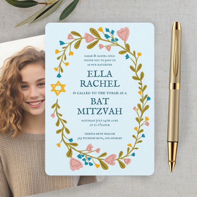 Convites Floral Wreath Bat Mitzvah Foto Personalizada Feita (Floral Wreath Bat Mitzvah Hand-drawn Custom Photo Invitation
)