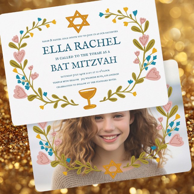 Convites Floral Wreath Bat Mitzvah Foto Personalizada Feita (Floral Wreath Bat Mitzvah Hand-drawn Custom Photo Invitation
)