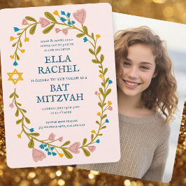 Convites Floral Wreath Bat Mitzvah Foto Personalizada Feita
