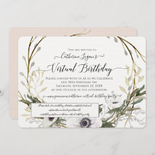 Convites Floral Wreath Cinza Blush Rustic Virtual Birday
