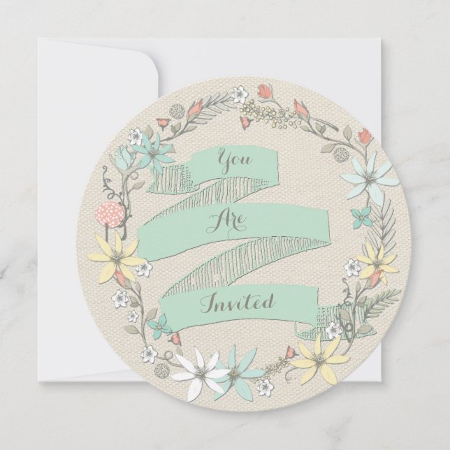 Convites Floral Wreath e Banner de Casamento Clássico (Frente)