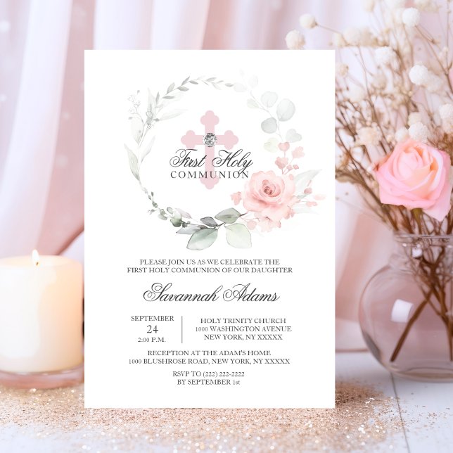 Convites Floral Wreath Pink Primeira Sagrada Garota Comunit (Floral Wreath Pink First Holy Communion GIRL Invitation)
