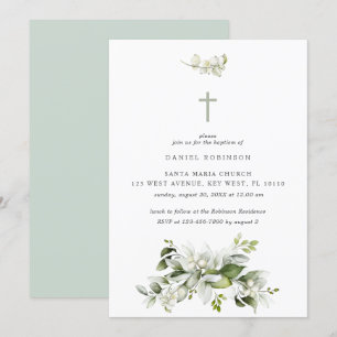 Convites Florals Elegante Greenery Convocação para o Batism