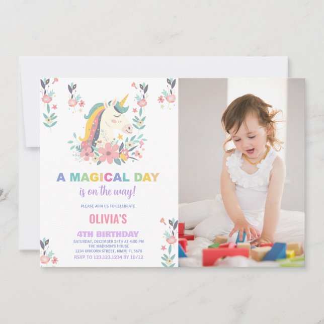 Convites Florals Unicorn Invoca Foto no Aniversário (Frente)