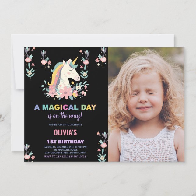 Convites Florals Unicorn Invoca Foto no Aniversário (Frente)