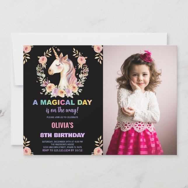 Convites Florals Unicorn Invoca Foto no Aniversário (Frente)