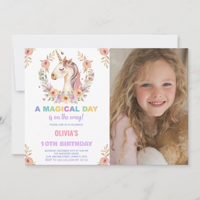 Convites Florals Unicorn Invoca Foto no Aniversário (Frente)