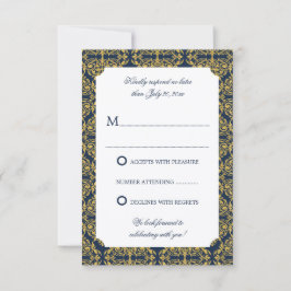 Convites Floreio Dourado Falso Damask Azul Marinho RSVP