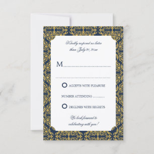 Convites Floreio Dourado Falso Damask Azul Marinho RSVP