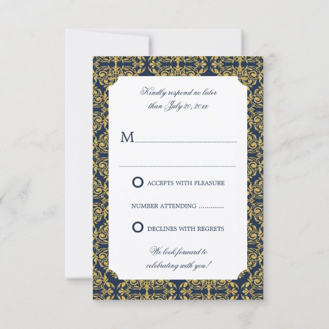 Convites Floreio Dourado Falso Damask Azul Marinho RSVP (Verso)