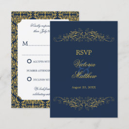 Convites Floreio Dourado Falso Damask Azul Marinho RSVP