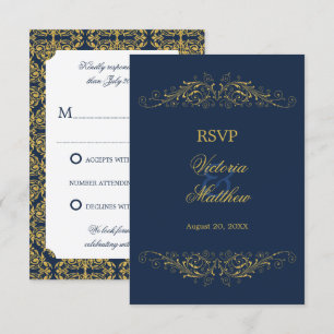 Convites Floreio Dourado Falso Damask Azul Marinho RSVP