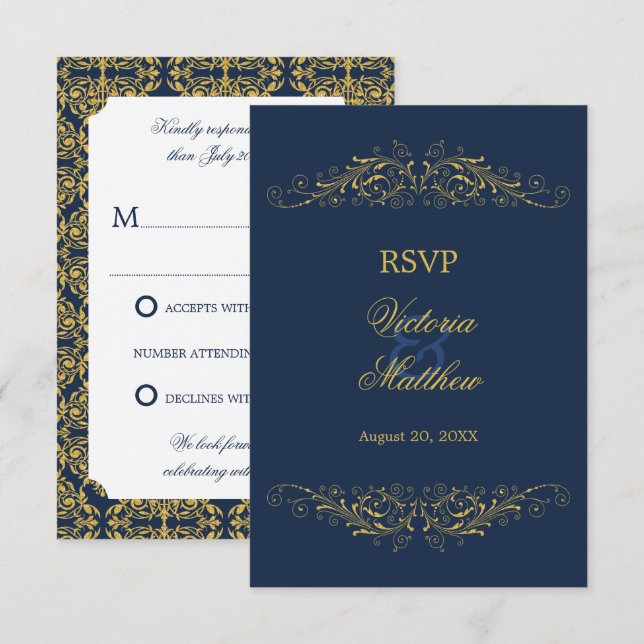 Convites Floreio Dourado Falso Damask Azul Marinho RSVP (Frente/Verso)