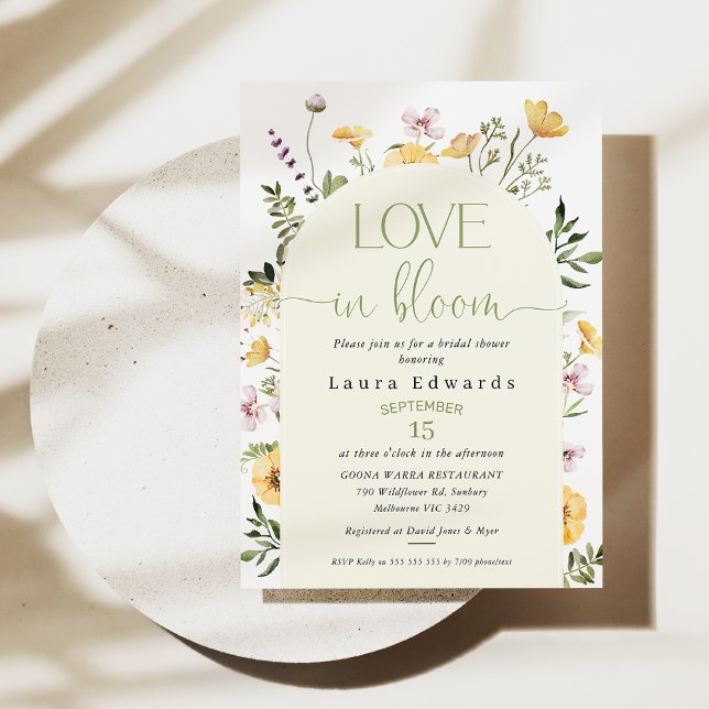 Convites Flores Amarelas Apaixonadas pelo Chá de panela Blo (Wildflowers Love In Bloom Bridal Shower Invitation, Summer Floral Bridal Shower Invite, Spring )