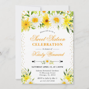 Convites Flores Amarelas Aquarela & Margaridas Sweet 16
