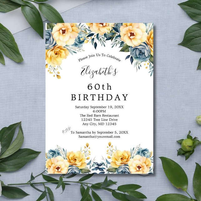 Convites Flores Amarelas Azuis Floral 60º 70º 80º Aniversár (Blue Yellow Watercolor Floral Elegant 50th 60th 70th 80th birthday invitation for her)