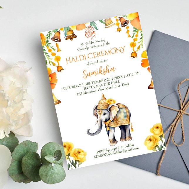 Convites Flores amarelas do elefante do casamento indiano H (Haldi Indian wedding elephant editable template invitation digital download yellow flowers bells)