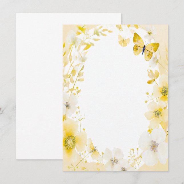 Convites Flores amarelas e borboletas casamento em branco (Frente/Verso)