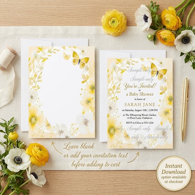 Convites Flores amarelas e borboletas casamento em branco (Criador carregado)