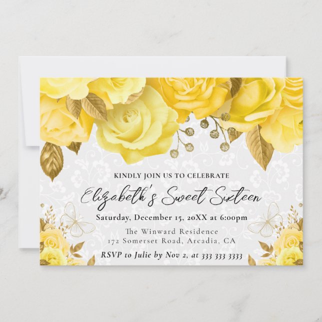 Convites Flores Amarelas e Douradas em Aquarela Sweet Sixte (Frente)