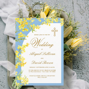 Convites Flores Amarelas no Casamento Religioso Azul Claro