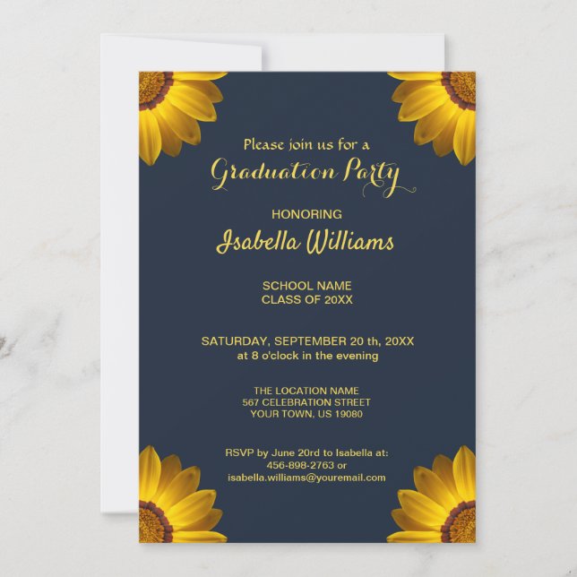 Convites Flores Amarelas no Monograma de fundo azul Marinho (Frente)