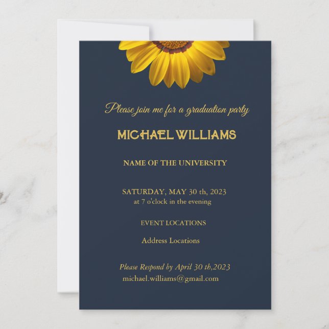 Convites Flores Amarelas no Monograma de fundo azul Marinho (Frente)