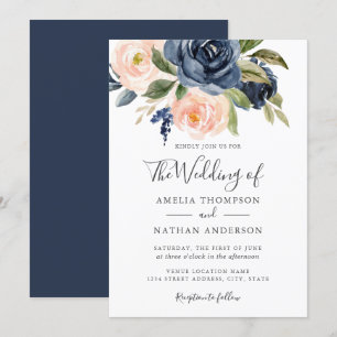 Convites Flores Aquarela Azul Marinho Pêssego Casamento