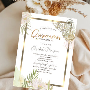 Convites Flores Aquarela em Moldura Dourada Quinceañera