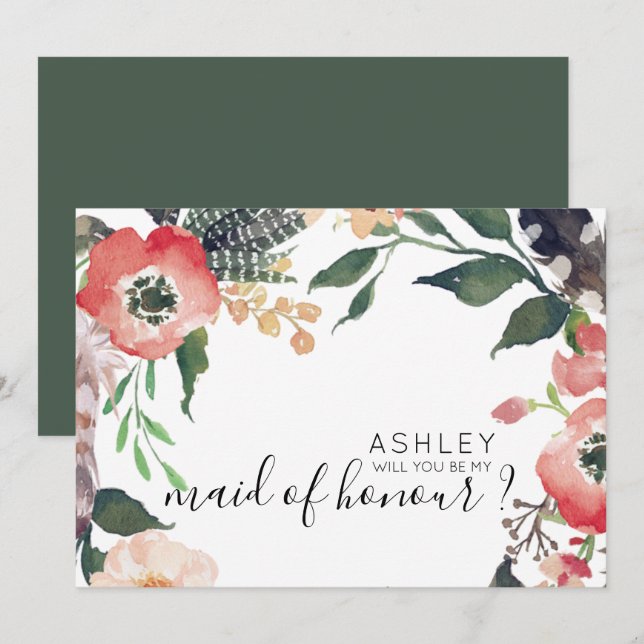Convites Flores Aquarela Será Minha Dama de Honra Nome (Frente/Verso)